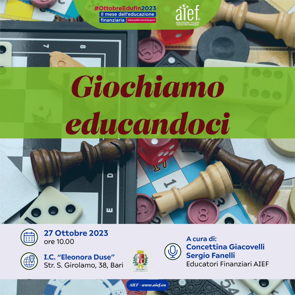 Giochiamo educandoci. Il tema dell'incontro in presenza di Tina Giacovelli AIEF a Bitonto per parlare di educazione finanziaria.